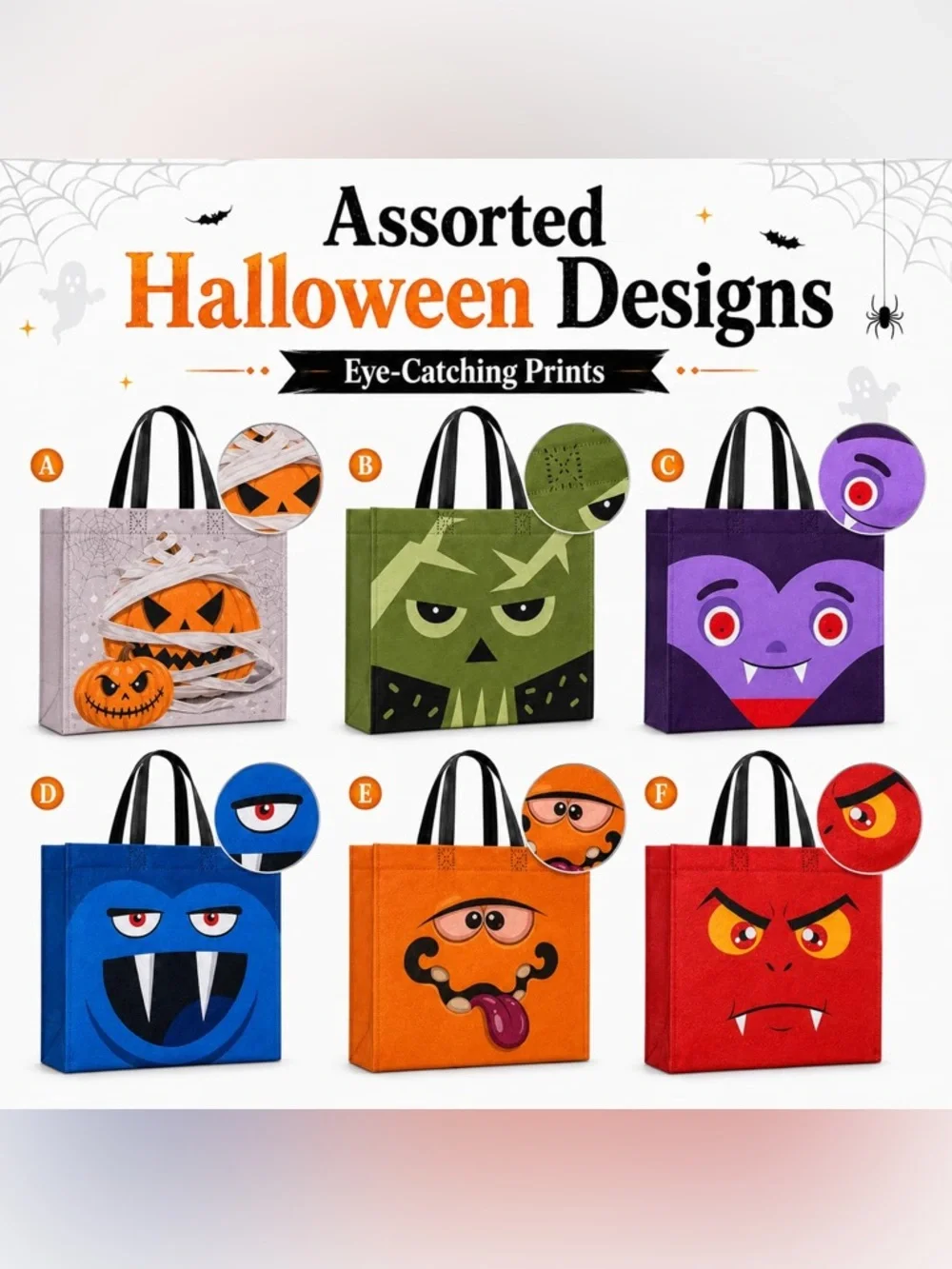 Halloween Kids Trick-or-Treat Tote Bag Set - Assorted Monster Faces 6 pack